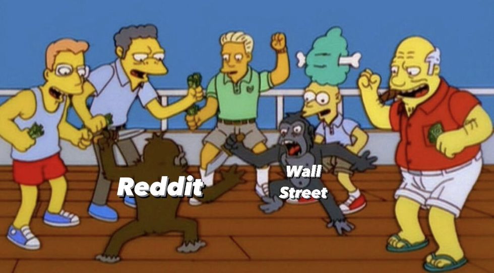 Simpsons Scene of Monkeys Fighting, one is Reddit and the other is Wall Street